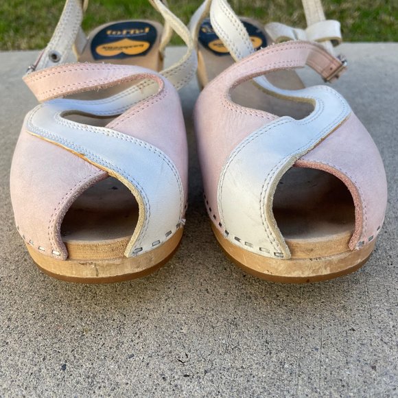 RARE Hasbeens wooden clogs - pink & white - cross-strap - Picture 3 of 7